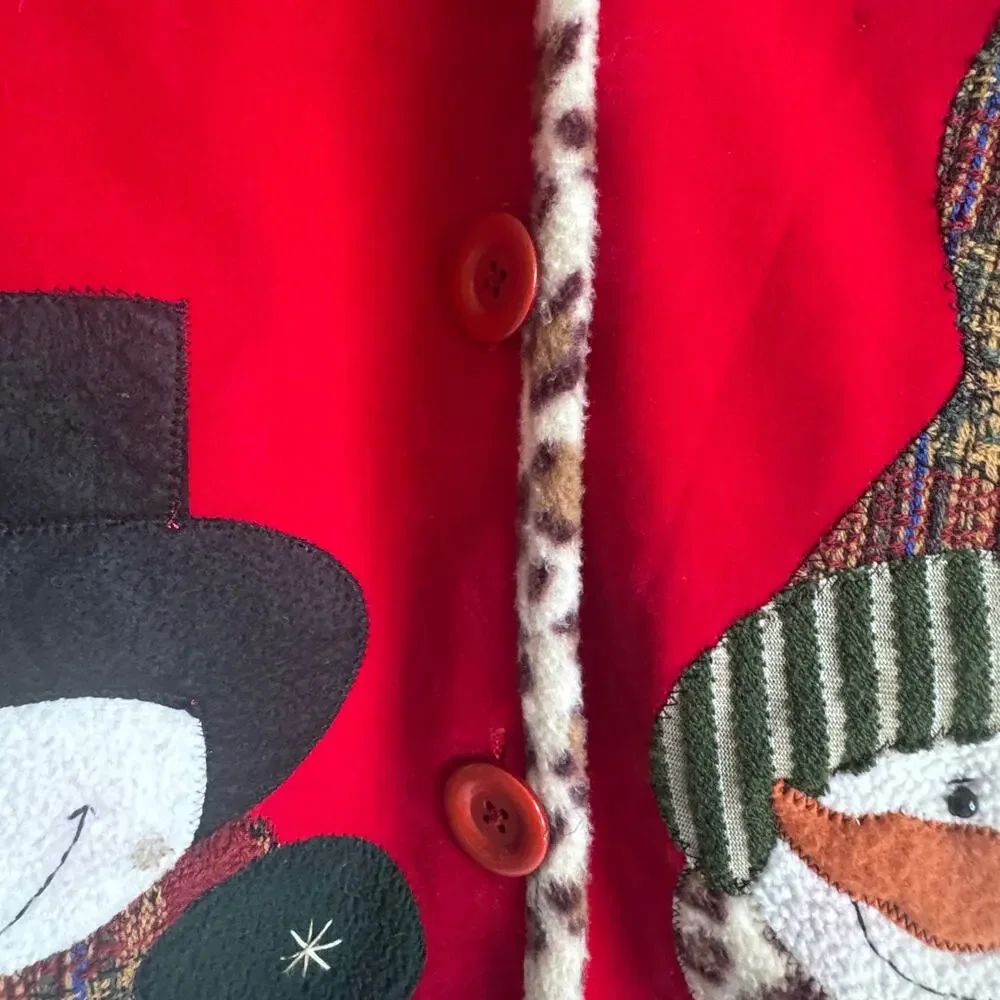 VTG Holiday Christmas Snowman Cardigan Embroidered Velour Leopard Accent Large